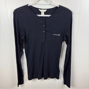 H&M Henley Top Navy Blue Memorable Embroidered Ribbed Long Sleeve Tee Women's L